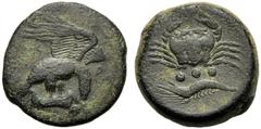 Sicily, Tetras, Akragas, c. 420-406 BC, AE (g 10,83 mm 22 h 12), AKPA, eagle flying r., holding hare with claws, Rv. Crab below, three pellets and cryfish l. CNS I, n. 54 SNG Copenhagen 76 SNG ANS 104