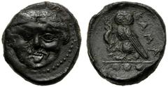 Sicily, Tetras, Kamarina, c. 420-405 BC, AE (g 3,08 mm 14 h 9), Gorgoneion, dotted border, Rv. KAMA, owl standing l., holding lizard with claw in ex. three pellets. CNS III, n. 21 SNG Copenhagen 168 S