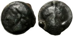 Sicily, Tetras, Selinos, c. 435-415 BC, AE (g 8,96 mm 19 h 9), Head of river god l., Rv. Selinon leaf around, three pellets. CNS I, n. 6 SNG Copenhagen - SNG ANS -.Rare, green patina. Very fine.