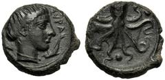 Sicily, Second Democracy (466-405), Tetras, Syracuse, c. 425 BC, AE (g 3,89 mm 15 h 6), ΣYPA, head of nymph Arethusa r., wearing necklace and hair loosely gathered at the top of her head at sides, two