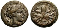 Sicily, Second Democracy (466-405), Tetras, Syracuse, c. 425 BC, AE (g 2,94 mm 15 h 12), ΣYPA, head of nymph Arethusa r., wearing necklace and hair loosely gathered at the top of her head at sides, tw