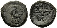 Sicily, Tetras, Lipara, c. 412-408 BC, AE (g 4,20 mm 16 h 9), Hephaistos seated r., holding hammer and kantharos linear border, Rv. ΛIΠAPAION, three pellets. CNS I, n. 17 SNG Copenhagen 1090 SNG ANS -