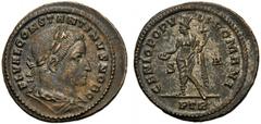 Constantine I, as caesar (306-307), Nummus,Treveri, AD 307, AE (g 9,00 mm 29 h 7), FL VAL CONSTANTINVS NOB C, laureate, draped and cuirassed bust r., Rv. GENIO POPV - LI ROMANI, Genius standing l., ho