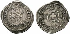 Messina, Filippo III (1598-1621), Tre Tarì, 1610, AR (g 7,78 mm 28 h 9), + * PHILIP * * III * D * G *, coronated bust of king below, three pellets, Rv. . REX SICILIAE 1610, cross surmouned by flames a