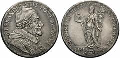 Stato Pontificio, Alessandro VIII (1689-1691), Piastra, Roma, 1689-1691, AR (g 31,66 mm 42 h 12), ALEXANDER VIII PONT MAX AI, bust of Pope r., Rv. LEGIONE AD BELLVM SACRVM INSTRVCTA, the Church standi