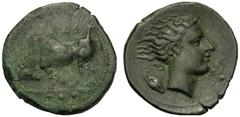 Sicily, Tetras, Gela, c. 420-407 BC, AE (g 3,24 mm 18 h 6), bull butting l. in ex. three pellets, dotted border, Rv. Head of river god r. with floating hair at ., grain at r., olive twig. Linear borde