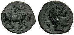 Sicily, Tetras, Gela, c. 420-405 BC, AE (g 3,35 mm 16 h 3), Bull advancing r. above branch, in ex., three pellets. Dotted border, Rv. ΓEΛAΣ, head of river god r. at l., grain. Dotted border. CNS III, 