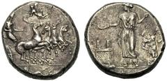 Sicily, Tetradrachm, Himera, Before 405 BC, AR (g 17,17 mm 23 h 3), Charioteer driving fast quadriga r. above flying Nike, holding tablet inscribed MAI, in ex., hippocamp, Rv. [IMEPAION], the nymph Hi