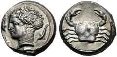 Sicily, Tetradrachm, Motya, c. 405-397 BC, AR (g 17,40 mm 24 h 3), Head of nymph Arethusa l., in style of Kimon, wearing sakkos, earrings and necklace around, four dolphins. Dotted border, Rv. Crab. J