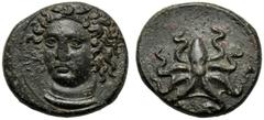 Sicily, Dionysios I (405-367), Tetras, Syracuse, c. 405-400 BC, AE (g 2,07 mm 13 h 6), Facing head of nymph Arethusa, slightly l., wearing necklace linear border, Rv. Octopus. CNS II, n. 29 SNG Copenh