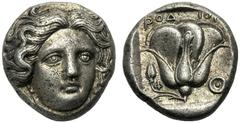 Islands of Caria, Tetradrachm, Rhodes, c. 404-375 BC, AR (g 17,01 mm 23 h 1), Facing head of Helios, slightly r., Rv. PO-ΔION, rose with bud l. at sides, Φ-Θ. All within incuse square. SNG Copenhagen 