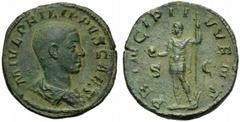 Philip II, as Caesar (Philip I, 244-249), Sestertius, Rome, AD 244-246, AE (g 19,21 mm 31 h 12), M IVL PHILIPPVS CAES, draped bust r., Rv. PRINCIPI I - VVENT, Philip II standing l., holding spear and 