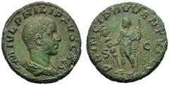 Philip II, as Caesar (Philip I, 244-249), As, Rome, AD 244-246, AE (g 9,73 mm 25 h 5), M IVL PHILIPPVS CAES, draped bust r., Rv. PRINCIPI IVVENTVTIS, Philip II standing l., holding spear and standard 