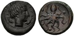 Sicily, Second Democracy (466-405), Tetras, Syracuse, c. 425 BC AE (g 3,84 mm 15 h 4) ΣYPA, head of nymph Arethusa r., wearing necklace and hair loosely gathered at the top of her head at sides, two d