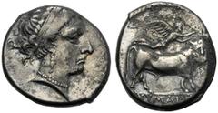 Campania, Didrachm, Cumae, c. 325-300 BC AR (g 7,42 mm 20 h 9) Head of nymph r., wearing diadem, earrings and necklace, Rv. KYMAIΩN, man-faced bull advancing r., crowning by flying Nike r. Sambon 298 