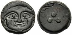 Sicily, Tetras, Himera, c. 430-420 BC AE (g 12,16 mm 20 h 12) Gorgoneion, Rv. Three pellets. CNS I, n. 18 SNG Copenhagen 315-316 SNG ANS 181.Green patina, good very fine.