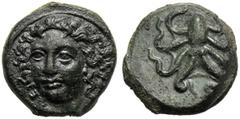 Sicily, Dionysios I (405-367), Tetras, Syracuse, c. 405-400 BC AE (g 2,23 mm 12 h 10) Facing head of nymph, slightly l. at l., EΞ, linear border, Rv. Octopus. CNS II, 29 fr 1 SNG Copenhagen 679-680 SN