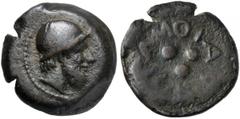 Islands od Sicily, Tetras, Lipara, c. 425 BC AE (g 27,97 mm 30 h 1) Head of Aiolos r., wearing pileos dotted border, Rv. [ΛIΠ]ARAION (retr.), three pellets. CNS I, n. 5 mv1 SNG Copenhagen 1086 SNG ANS
