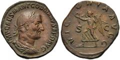 Gordian I (238), Sestertius, Rome, March - April AD 238 AE (g 15,62 mm 30 h 12) IMP CAES M ANT GORDIANVS AFR AVG, laureate, draped and cuirassed bust r., Rv. VICTORIA AVGG, Victory advancing l., holdi