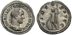 Gordian II (238), Denarius, Rome, March - April AD 238 AR (g 2,81 mm 20 h 12) IMP M ANT GORDIANVS AFR AVG, laureate, draped and cuirassed bust r., Rv. VIRTV - S AVGG, Virtus standing l., holding spear