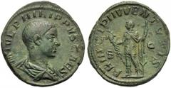 Philip II, as Caesar (Philip I, 244-249), Sestertius, Rome, AD 244-246 AE (g 19,90 mm 31 h 12) M IVL PHILIPPVS CAES, draped bust r., Rv. PRINCIPI IVVENTVTIS, Philip II standing l., holding spear and s
