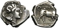 Lucania, Diobol,Thourioi, c. 350-281 BC; AR (g 1,11; mm 11; h 9); Head of Athena r., with crested Attic helmet decorated with Skylla, Rv. ?OYPI?N, bull butting r. SNG Copenhagen 1470.Good very fine.