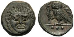 Sicily, Tetras, Kamarina, c. 420-405 BC; AE (g 2,99; mm 14; h 8); Gorgoneion, Rv. KAMA, owl standing l., holding lizard; in ex. three pellets. CNS III, n. 20.About extremely fine.