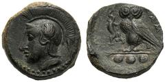 Sicily, Tetras, Kamarina, c. 420-405 BC; AE (g 3,38; mm 14; h 4); Head of Athena l., wearing attic helmet, decorated with a wing. Dotted border, Rv. KAMA, owl standing l., holding lizard; in ex. three