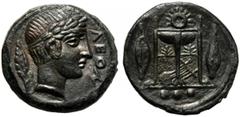 Sicily, Tetras, Leontinoi, c. 405-402 BC; AE (g 1,56; mm 13; h 3); ?EON, laureate head of Apollo r., at l., leaf, Rv. Tripod between barley grains; below three pellets. CNS III, n. 3.Green patina, to