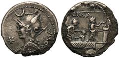P. Licinius Nerva, Plated Denarius, Rome, 113 or 112 BC; AR (g 2,13; mm 17; h 2); Helmeted bust of Roma l., holding shield and spear; above, crescent; before, *; behind, ROMA, Rv. Voting scene in the 