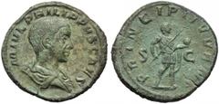 Philip II, as caesar (Philip I, 244-249), Sestertius, Rome, AD 244-246; AE (g 19,88; mm 31; h 12); M IVL PHILIPPVS CAES, bare head, draped bust r., Rv. PRINCIPI IVVENT, Philip II standing r., holding 