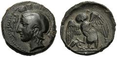 Sicily, Tetras, Kamarina, c. 420-405 BC, Ae (g 3,15 mm 15 h 6), Head of Athena l., wearing Attic helmet at l., olive spring. Dotted border, Rv. KAMA, owl standing facing, slightly l., holding lizard i
