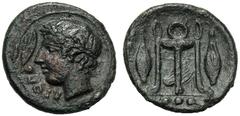 Sicily, Tetras, Leontini, c. 415-409 BC, Ae 1,94 g, ΛEON, laureate head of Apollo l., at l., leaf, Rv. Tripod between barley grains below three pellets. CNS III, 1 SNG Copenhagen 361. Green patina, g
