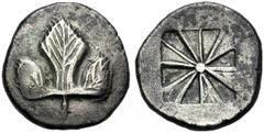 Sicily, Didrachm, Selinos, c. 530-500 BC, Ag (g 7,78 mm 22 h -), Sicily, Didrachm, Selinos, c. 530-500 BC Ag (g 8,46 mm 23 h -) Selinon leaf, Rv. Incuse square, divided in twelve sections. SNG Copenha