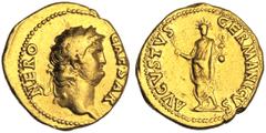 Nerone (54-68), Aureo, Roma, c. 64-68 d.C. NERO | CAESAR, laureate head r., Rv. AVGVSTVS | GERMANICVS, emperor, radiate, standing front, holding branch and Victory on globe.Rare, beautiful style, Ver