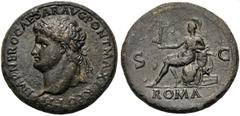 Nerone (54-68), Sestercio, Lugdunum, c. 66 d.C. Ae 28,09 g IMP NERO CAESAR AVG PONT MAX TR POT P P, laureate head left, globe at point of bust / S C, Roma seated left on cuirass, holding Victory in ri
