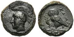 Sicily, Tetras, Kamarina, c. 420-410 BC; AE (g 3,77; mm 15; h 12); Head of Athena l., wearing crested Corinthian helmet, decorated with a wing, Rv. KAMA, owl standing l., holding lizard with claws; in