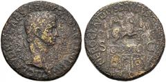 Claudius (41-54), Sestertius, Rome, AD 50-54; AE (g 26,08; mm 34; h 6); TI CLAVDIVS CAESAR AVG P M TR P IMP P P, laureate head r., Rv. NERO CLAVDIVS DRVSVS GERMAN IMP, triumphal arch surmounted by equ