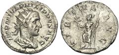 Philip I (244-249), Antoninianus, Rome, AD 248; AR (g 4,24; mm 22; h 8); IMP PHILIPPVS AVG, radiate and draped bust r., Rv. V - IRTVS AVGG, Philip I and Philip II galloping r.; below, E. RIC 10; C 241
