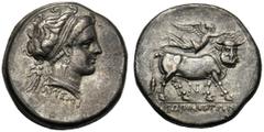 Campania, Didrachm,Neapolis, c. 300-275 BC AR (g 7,41 mm 20 h 8) Head of nymph r., wearing hair-band, earrings and necklace at l., Artemis with torch, below, APTEMI, Rv. NEOΠOΛITΩN, man-faced bull r. 