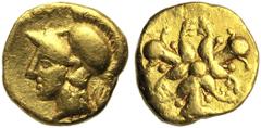 Cyrenaica, Cyrene, Hemidrachm, c. 375-308 BC; AV (g 2,07; mm 11; h 1); Head of Athena l., wearing Corinthian crested helmet, Rv. Three silphium radiating from a centre. BMC 134; Weber 8440.Very rare,