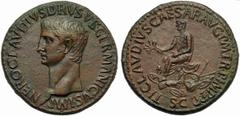 Drusus Maior (Claudius, 41-54), Sestertius, Rome, AD 50-54; AE (g 27,94; mm 35; h 5); NERO CLAVDIVS DRVSVS GERMANICVS IMP, bare head l., Rv. TI CLAVDIVS CAESAR AVG P M TR P IMP P P, Claudius togate, s