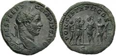 Geta (209-212), Sestertius, Rome, AD 210; AE (g 23,09; mm 32; h 2); IMP CAES P SEPT - GETA PIVS AVG, laureata head r., Rv. PONTIF TR P II COS II, Caracalla and Geta standing facing, holding spears and