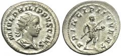 Philip II, as Caesar (Philip I, 244-249), Antoninianus, Rome, AD 244-246; AR (g 4,32; mm 24; h 12); M IVL PHILIPPVS CAES, radiate, draped and cuirassed bust r., Rv. PRINCIPI IVVENT, Philip II, in mili