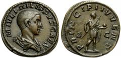 Philip II, as caesar (Philip I, 244-249), Sestertius, Rome, AD 244-246; AE (g 21,74; mm 31; h 12); M IVL PHILIPPVS CAES, bare head, draped bust r., Rv. PRINCIPI IVVENT, Philip II, in military dress, s