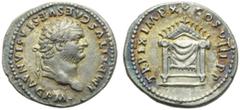 The Roman Empire Titus (79-81), Denarius, Rome, AD 80; AR (g 3,12; mm 19; h 6); IMP TITVS CAES VESPASIAN AVG P M, laureate head r., Rv. TR P IX IMP XV COS VIII P P, seat draped; above, triangular fram