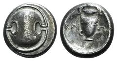 Boeotia, Thebes. Federal Coinage, c. 379-338 BC. AR Stater (21mm, 11.74g). Klio, magistrate. Boeotian shield. R/ Amphora. Hepworth 69; SNG Copenhagen 343; BMC 154. Test-mark on rev., near VF; ;