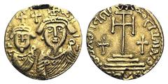 Arab-Sasanian, c. 7th century, Anonymous AV Solidus (19mm, 1.71g, 12h). Imitating a Constantinople issue of Heraclius. Crowned and draped facing busts of Heraclius and Constantine, opposite their usua