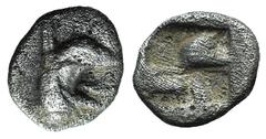 Greek world and ancient Near East Ionia, Teos, late 6th-early 5th century BC. AR Tetartemorion (6mm, 0.25g). Head of griffin r. R/ Quadripartite incuse square. Matzke Group Bx3; Balcer 79; SNG Copenha
