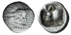 Greek world and ancient Near East Caria, Uncertain, c. 5th century BC. AR Tetartemorion (5mm, 0.13g, 9h). Confronted foreparts of bull. R/ Forepart of bull l., within incuse square. Cf. SNG Kayhan 949